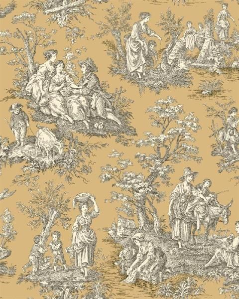 Green And Mustard Country Life Toile Wallpaper Totalwallcovering