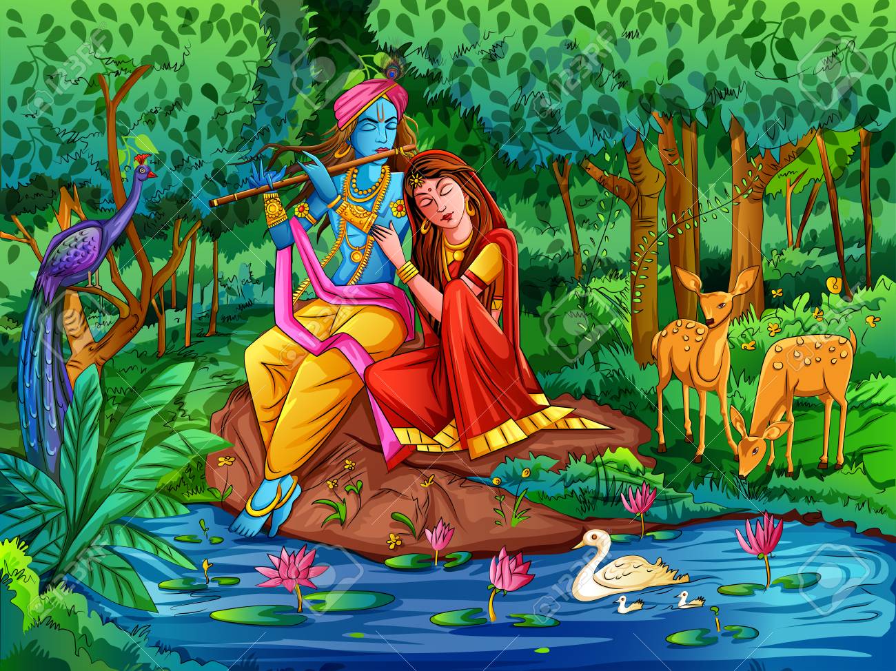Lord Krishna Playing Bansuri Flute With Radha On Happy Janmashtami