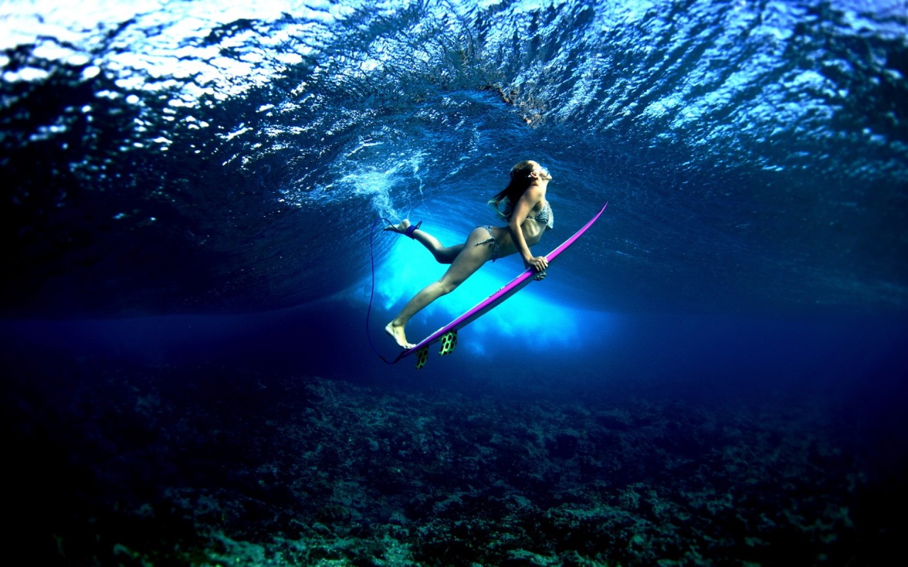 Girl With Surf Board Under The Water Widescreen Wallpaper Wide