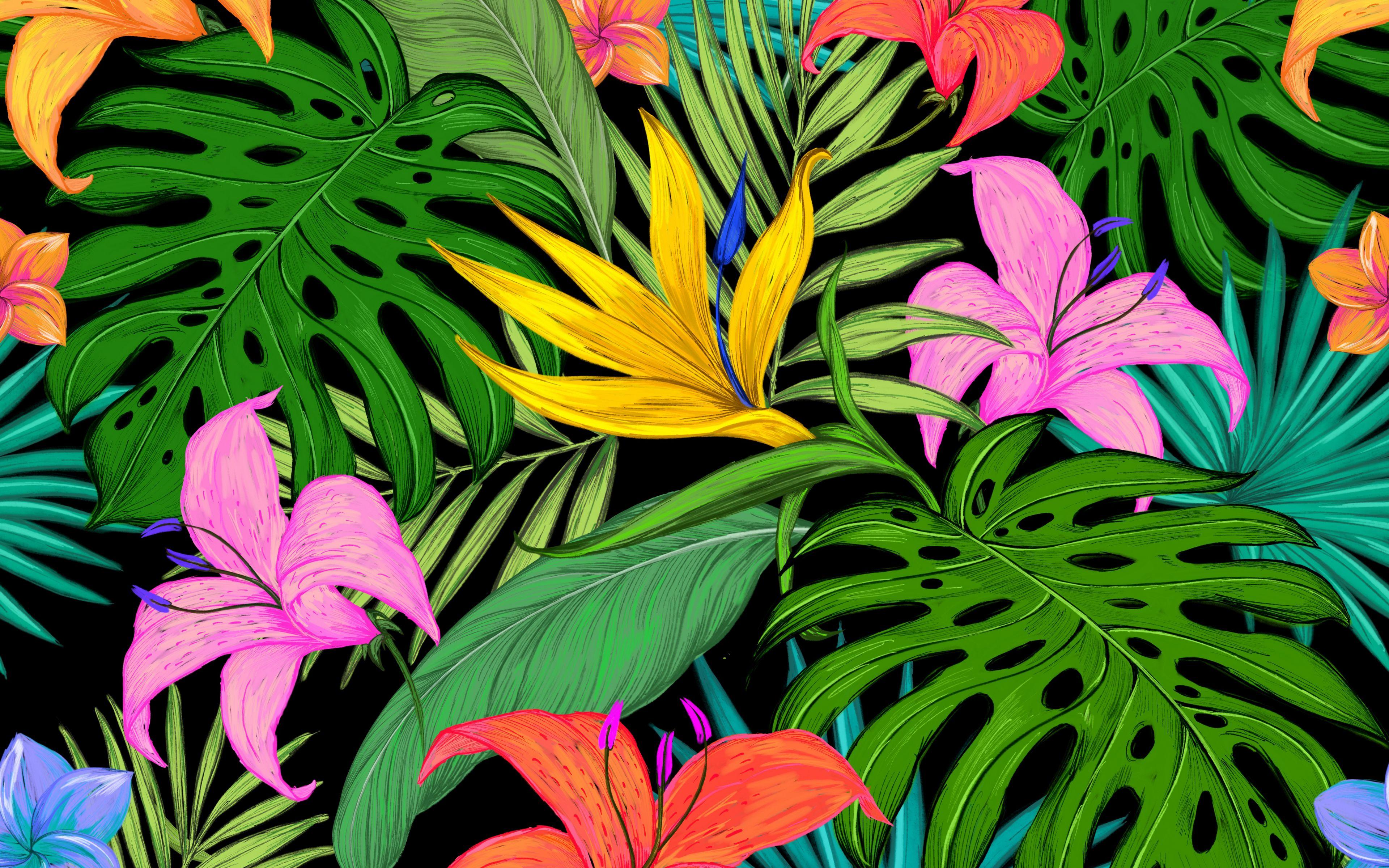 Wallpaper Pattern Tropical Flowers Leaves