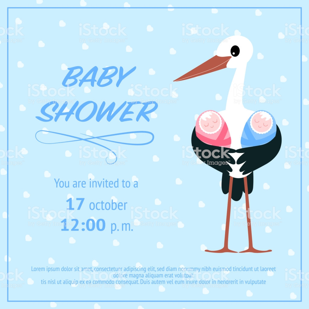 Stork With Twins On A Blue Background Invitation Card Template