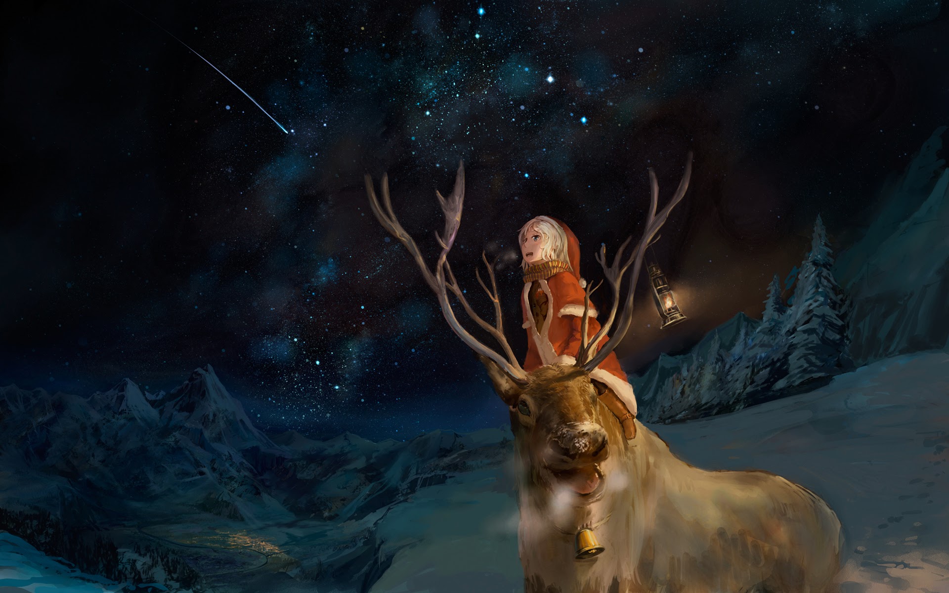 Christmas Night Winter Scenic Scenery Reindeer Wallpaper