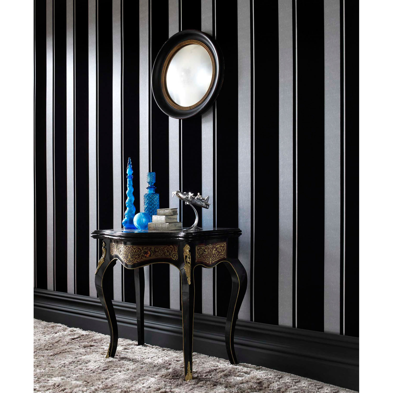 Designer Flock Star Stripe Wallpaper In Black And Silver 10m Roll