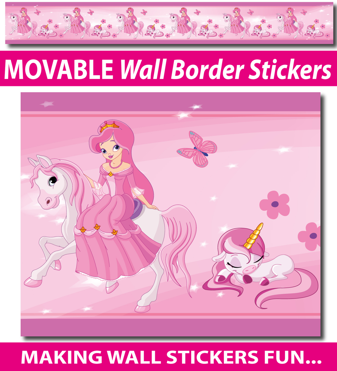 Princess And Unicorns Wall Border Stickers Totally Movable