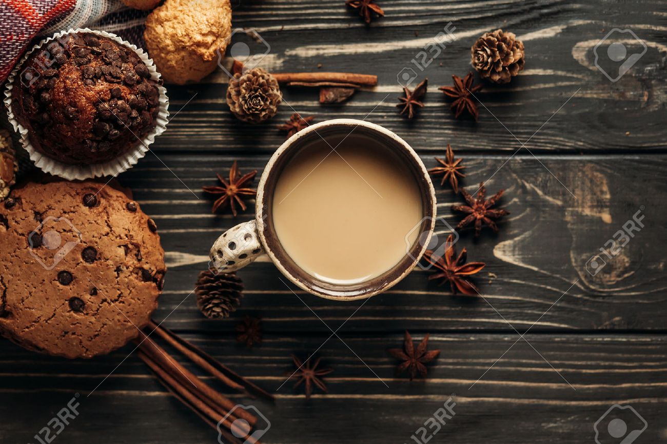 Aromatic Coffee Cookies And Anise Flat Lay On Wooden Background