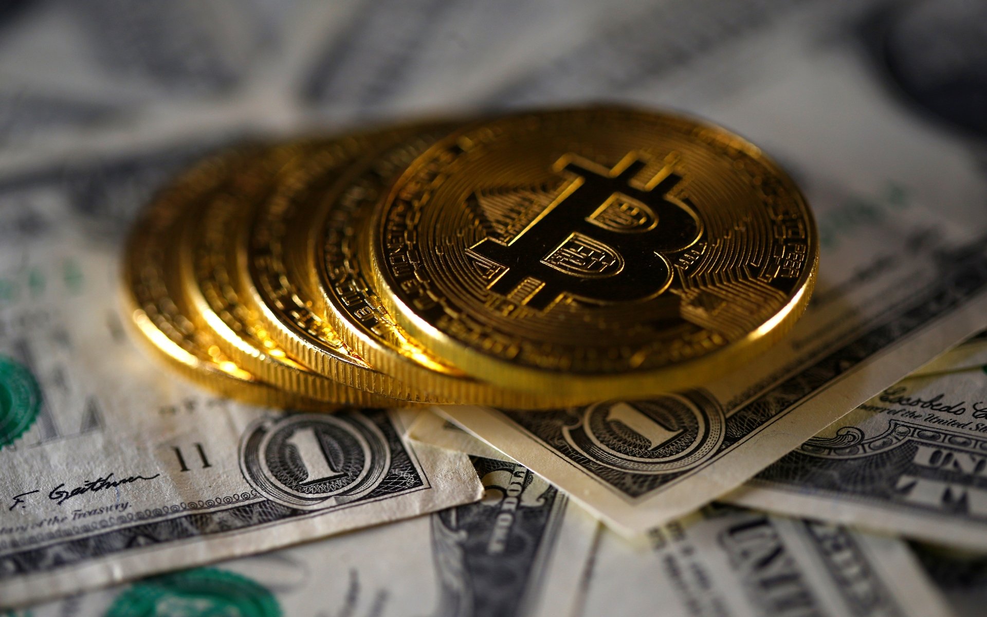 Close-up of several gold Bitcoin coins resting on a bed of US dollar bills, highlighting the intersection of cryptocurrency and traditional finance