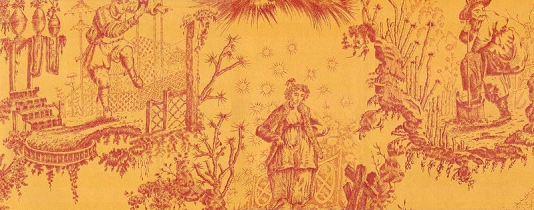 Chinese Scenic Toile De Jouy Wallpaper In Red On Mustard Yellow
