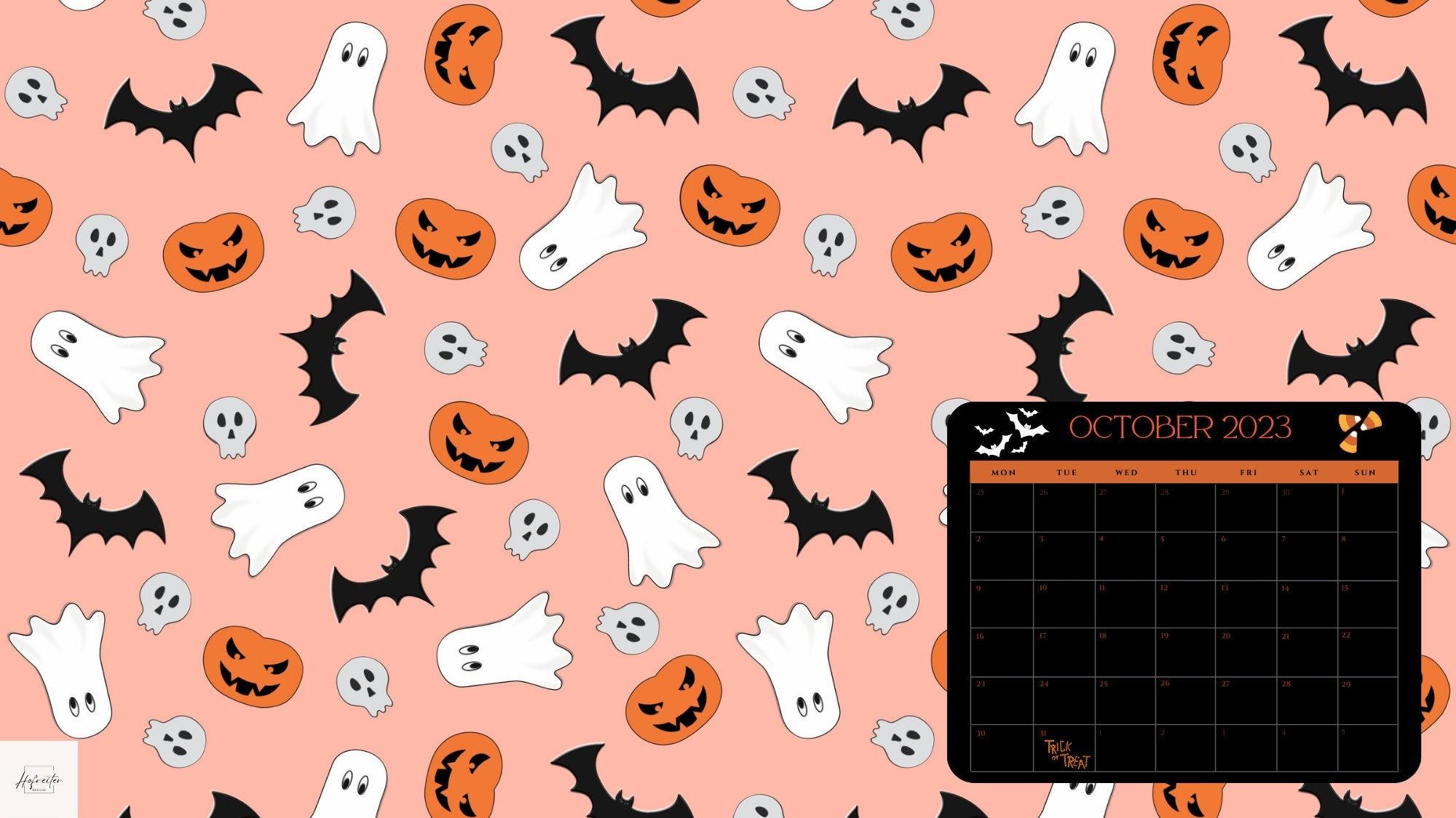 October 2023 Cute Halloween Desktop Wallpaper With Calendar   Etsy
