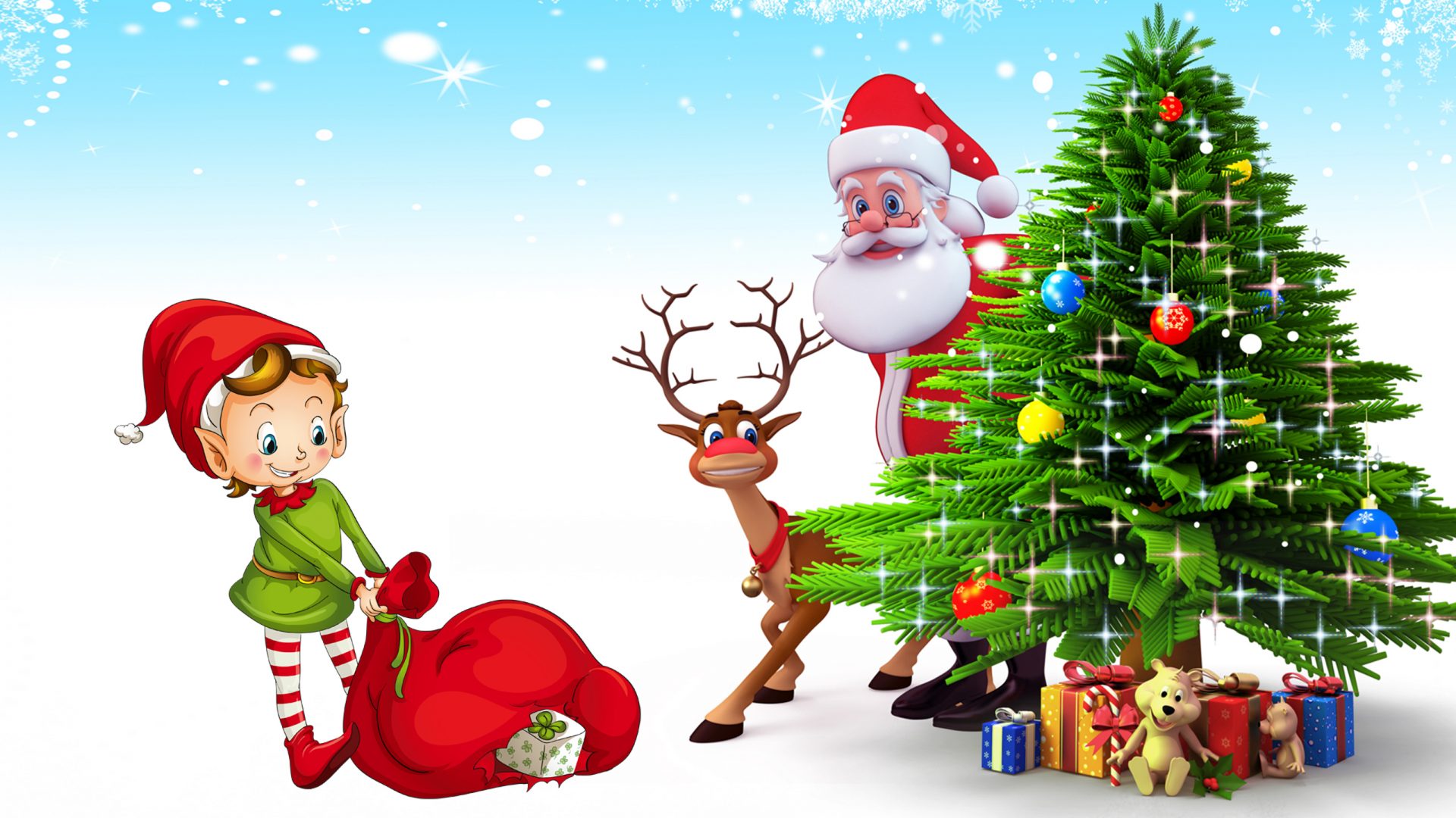 Christmas Postcard Santa Claus Deer Tree With