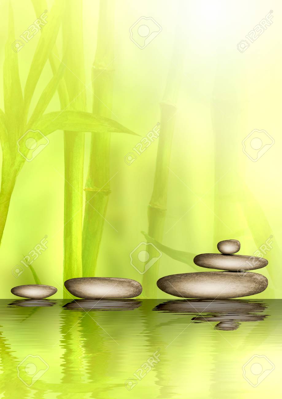 Spa Still Life Background With Zen Stones And Green Bamboo