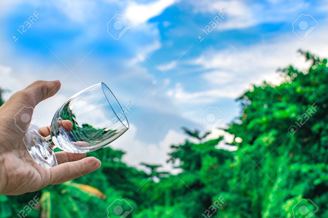 Holding Glass Water On Sky And Tree Blurry Background Using