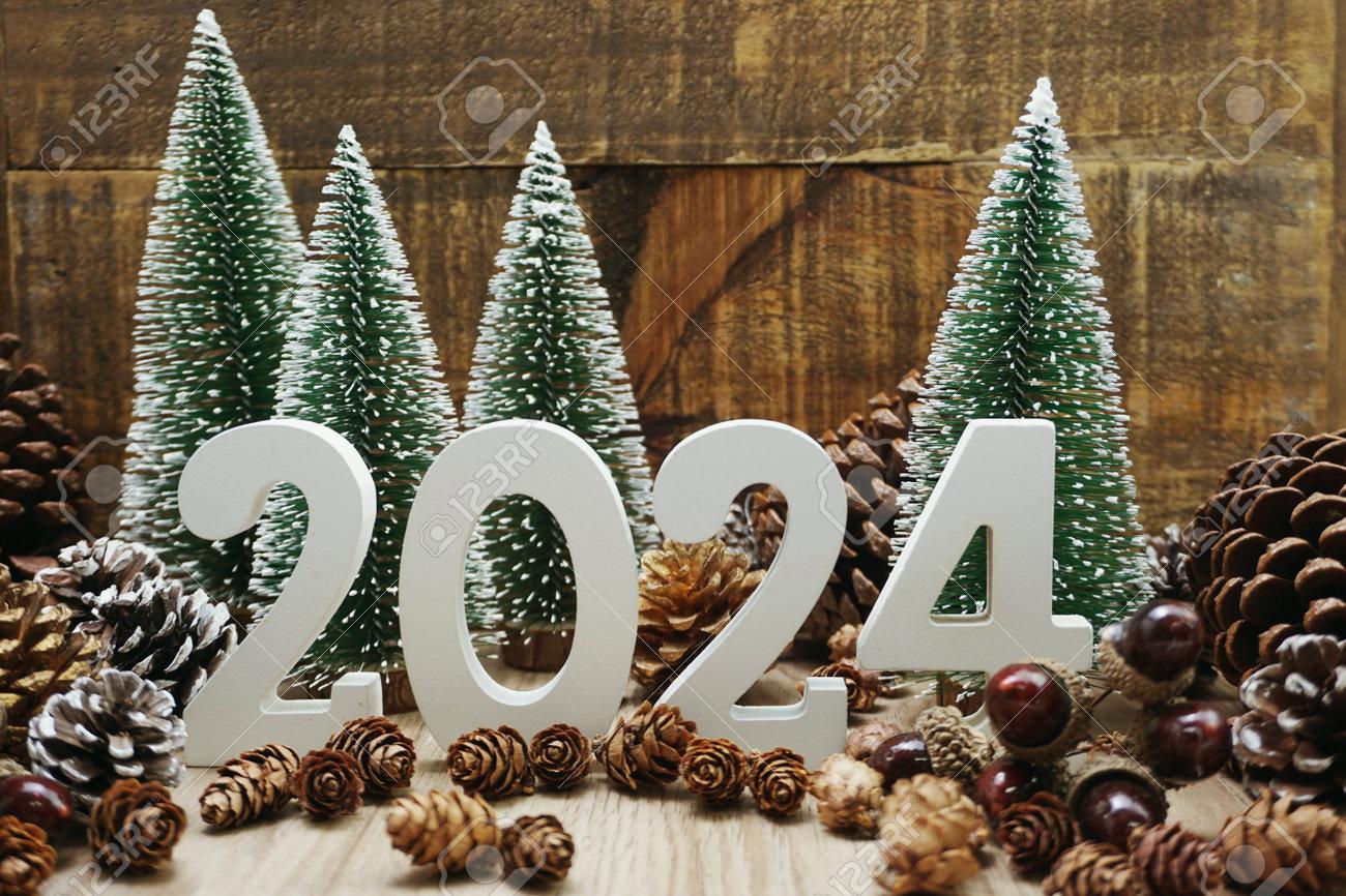 Happy New Year Decoration With Christmas Tree And Pine Cones