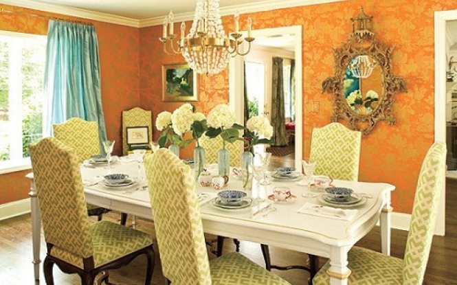 Dining Table Design With Gold And Orange Toile Patterned Wallpaper