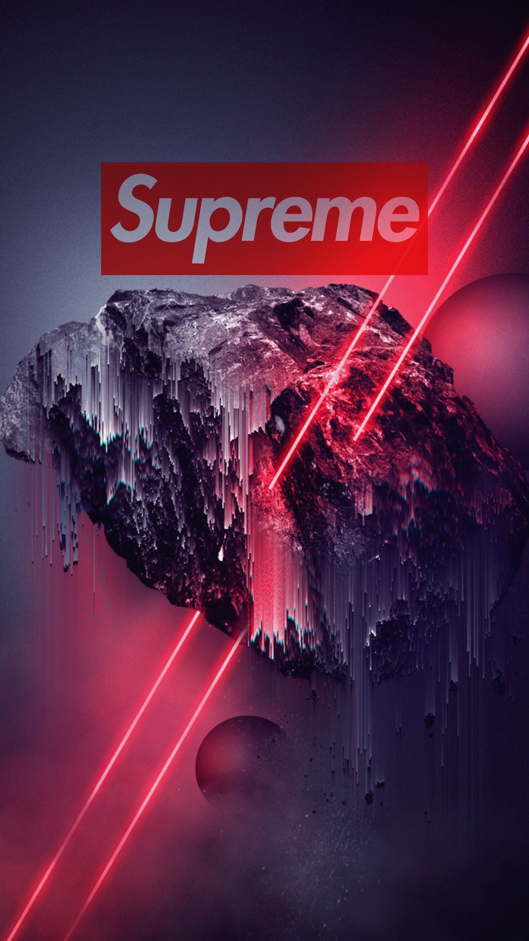 A cool phone wallpaper featuring a pixel-sorted asteroid with the Supreme logo, intersected by vibrant red laser beams against a dark, cosmic backdrop