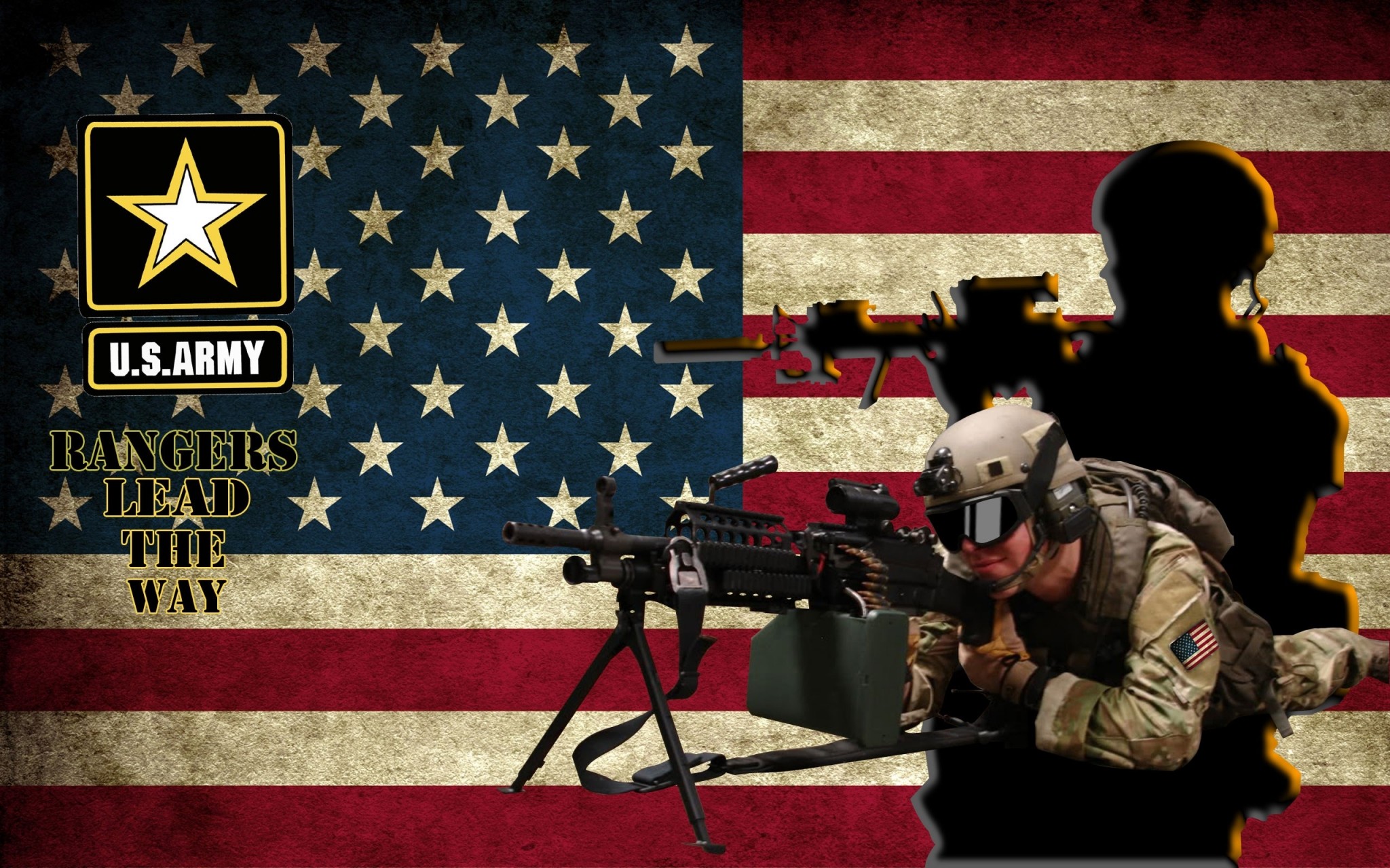 US Army Ranger with M240 Machine Gun on American Flag Background