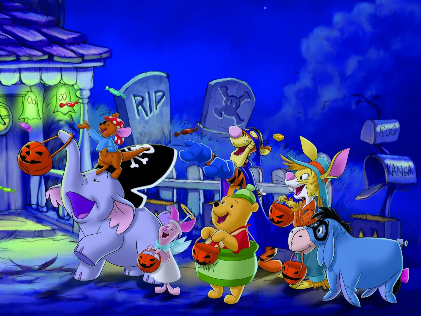 Winnie the Pooh and friends trick-or-treating on a spooky Halloween night