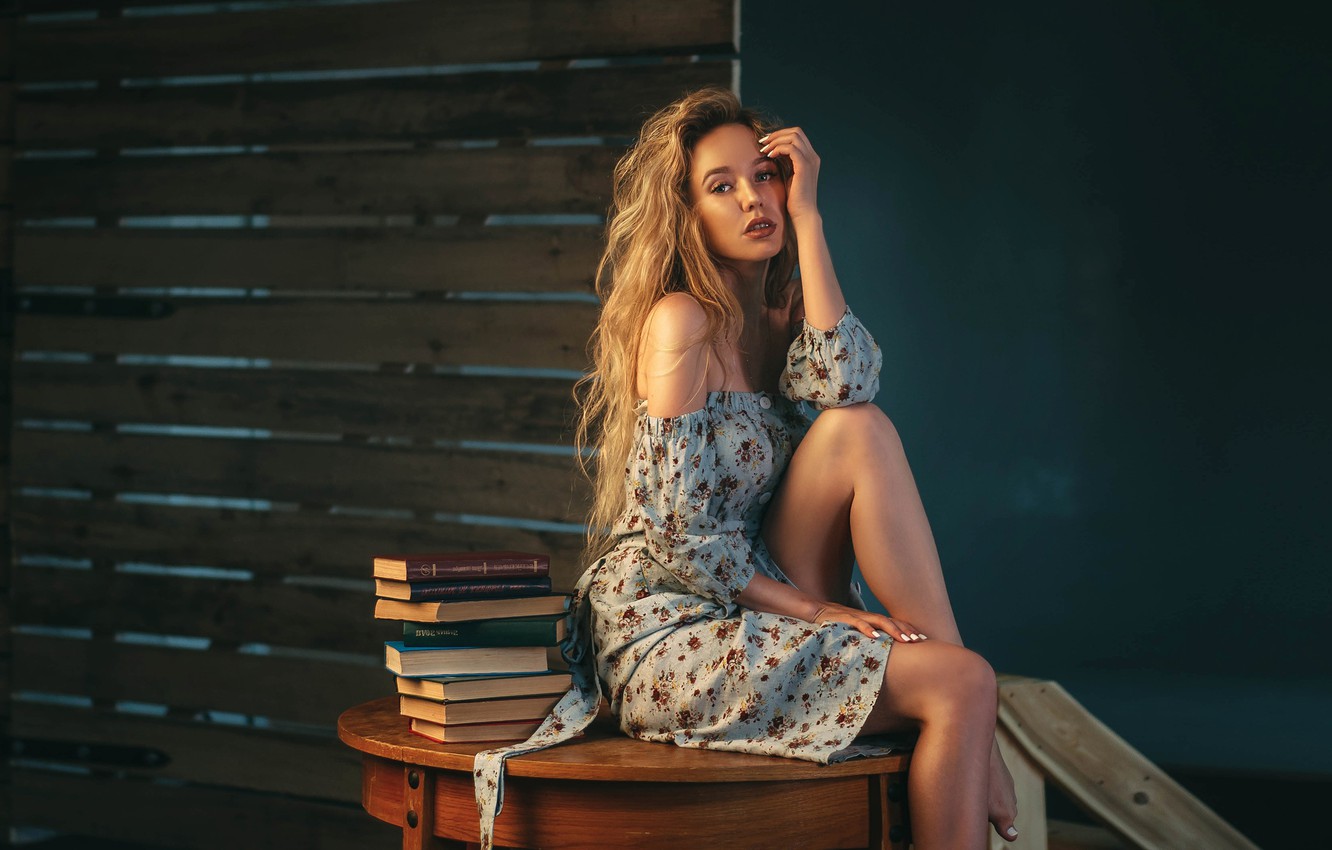 Wallpaper Books Girl Dress Sitting Shoulders Sasha Rusko