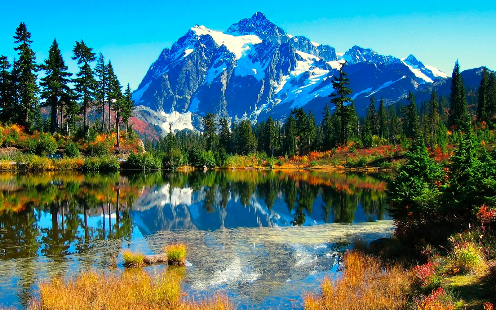 A breathtaking landscape featuring a majestic, snow-capped mountain reflected in a crystal-clear lake. The vibrant colors of autumn foliage add to the scene's beauty, creating an ideal scenic wallpaper