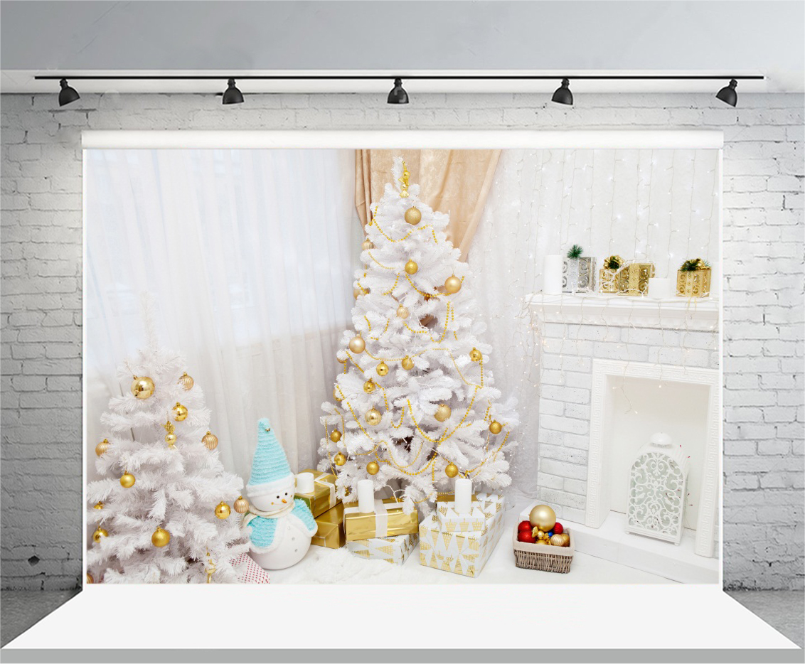 White Flocked Christmas Tree Background Curtain Backdrop