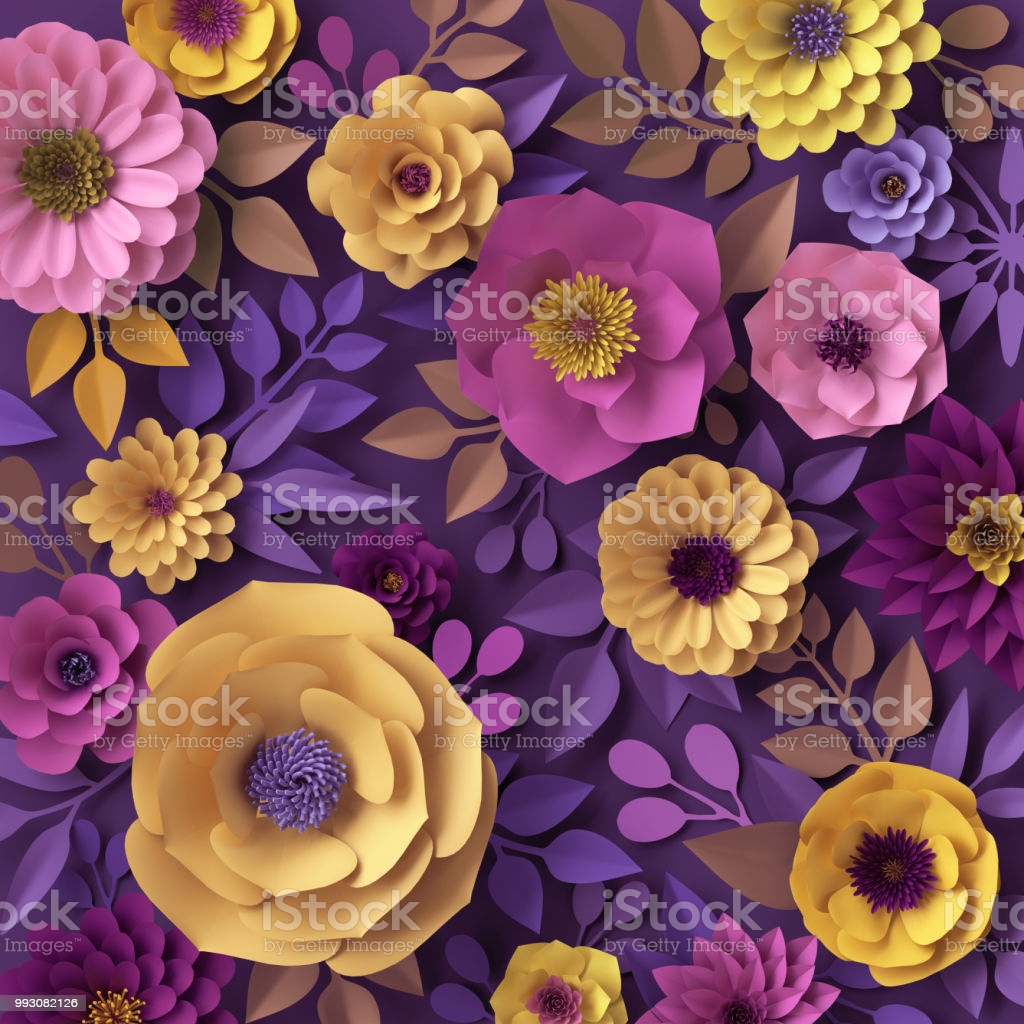 3d Render Colorful Paper Flowers Fashion Wallpaper Rose Dahlia