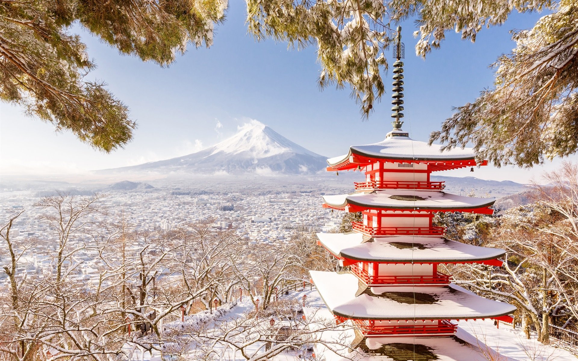 Wallpaper Japan Fuji mount pagoda winter snow trees 1920x1200 1920x1200