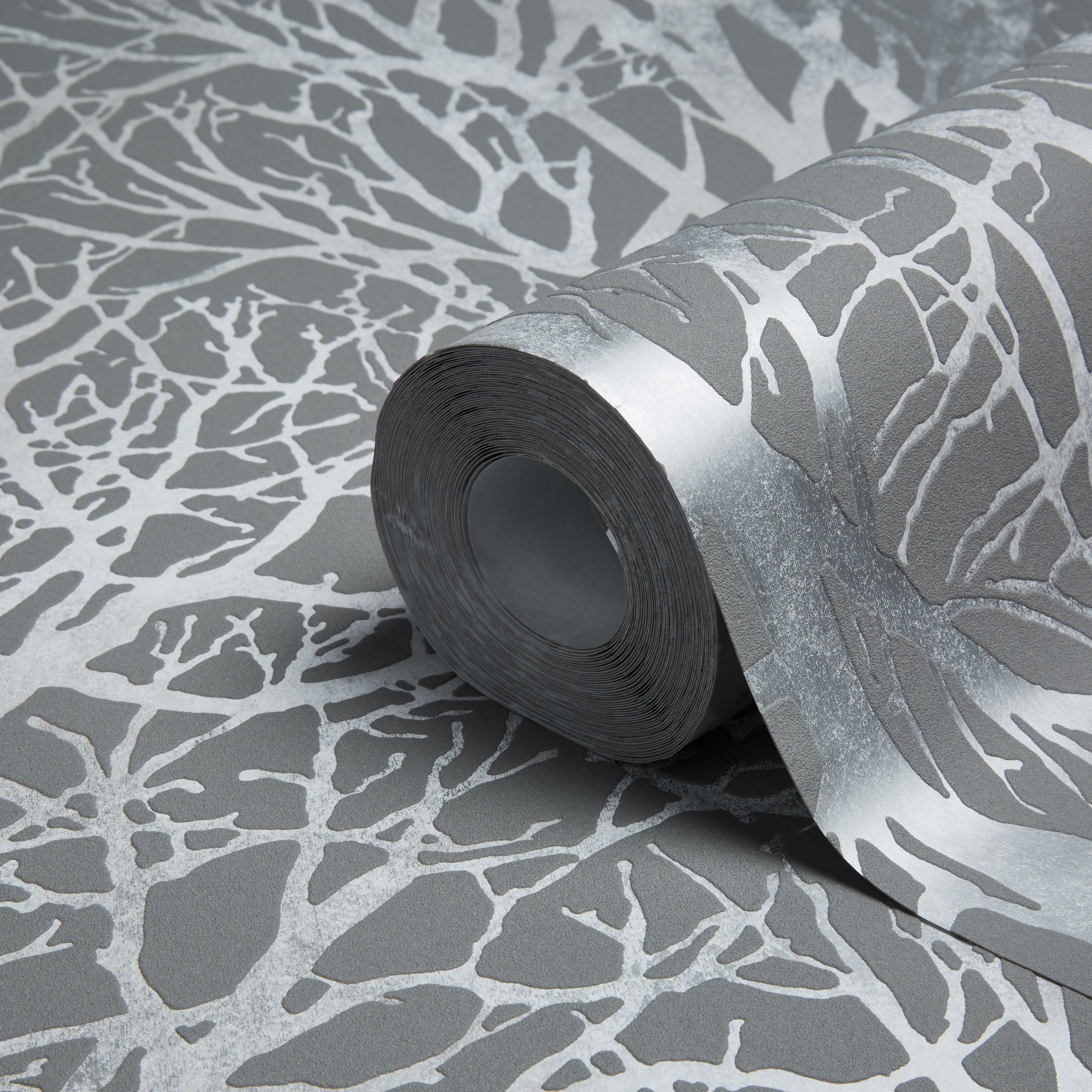 Life Tree Print Grey Silver Metallic Wallpaper Departments