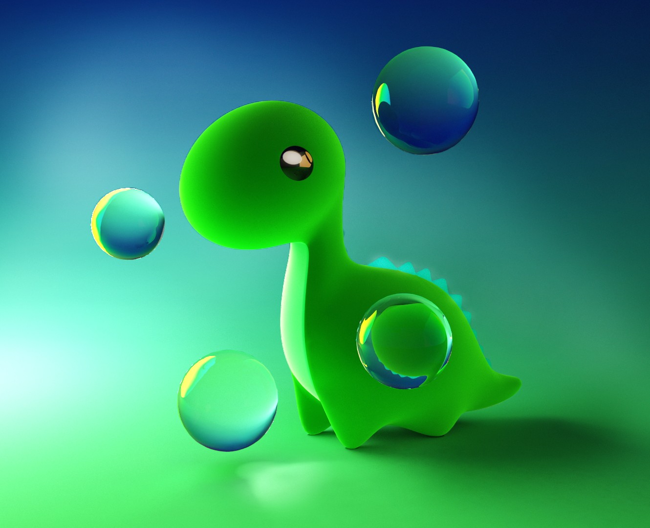 A cute, cartoonish green dinosaur toy rendered in 3D against a gradient blue-green backdrop. It's surrounded by floating, translucent bubbles, giving the scene a playful and dreamy feel