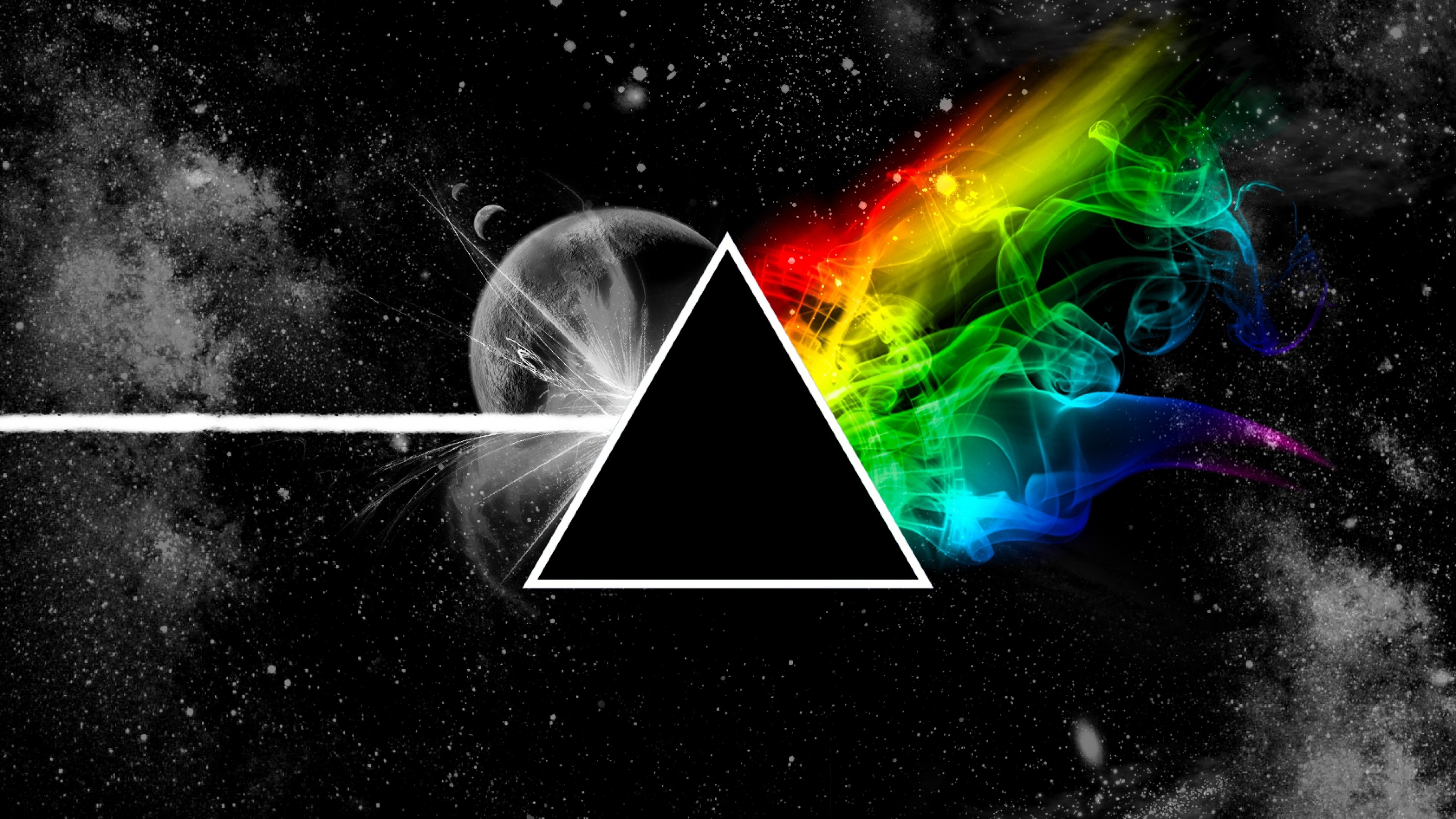 A 4k wallpaper featuring the iconic Dark Side of the Moon prism with a cosmic backdrop
