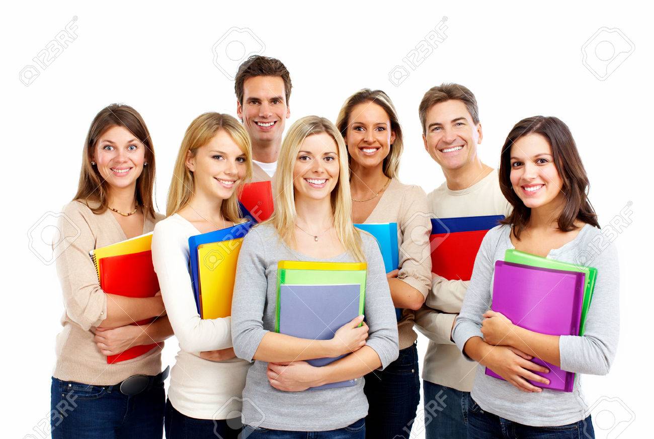 Group Of Happy Students With Books Isolated On White Background
