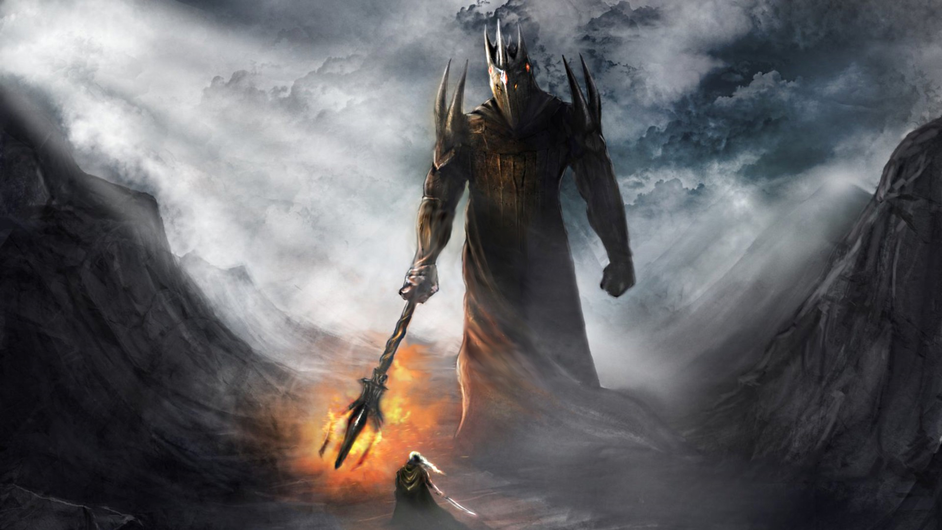 A towering, dark figure reminiscent of the Witch-king of Angmar from Lord of the Rings looms over a smaller figure in a desolate, mountainous landscape. The Witch-king holds a flaming mace, creating a dramatic contrast between light and shadow