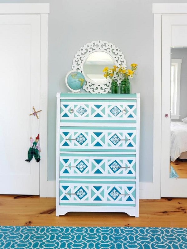 Blue Geometric Wallpaper Dresser Diy