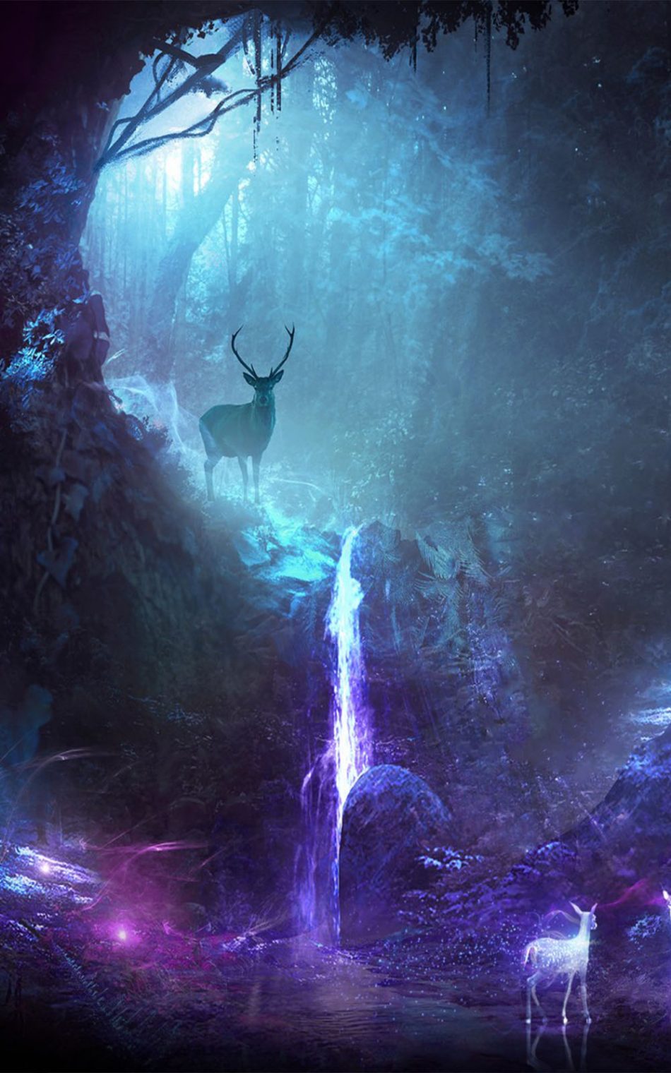 Deers Waterfall Neon Cgi 4k Ultra HD Mobile Wallpaper