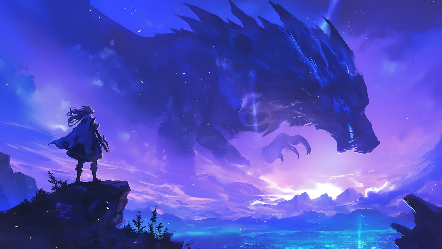 A lone anime figure stands on a cliff, gazing at a colossal, ethereal dragon silhouetted against a vibrant twilight sky. The scene evokes a sense of wonder and adventure
