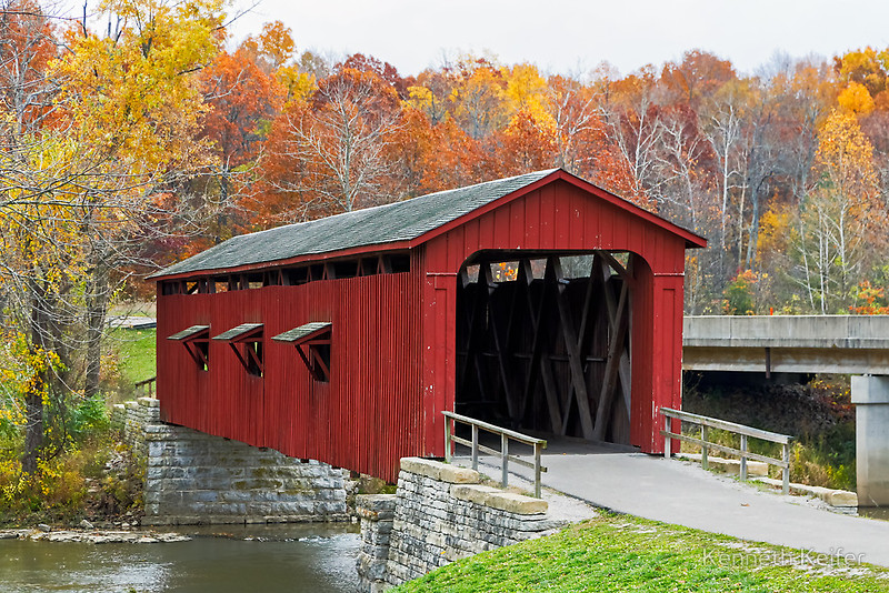 Cataract Covered Bridge and Fall Foliage by Kenneth Keifer