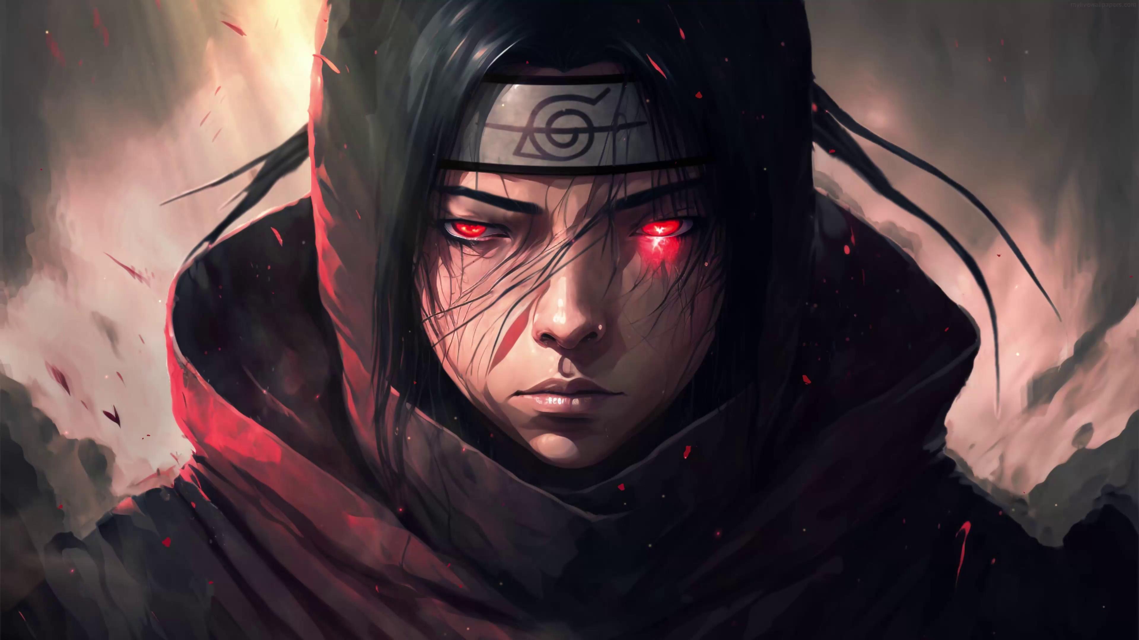 Intense close-up of Itachi Uchiha, a popular character from the anime 'Naruto,' with glowing red Sharingan eyes and a determined expression. Set against a dark and dynamic backdrop, the image captures his power and mystique