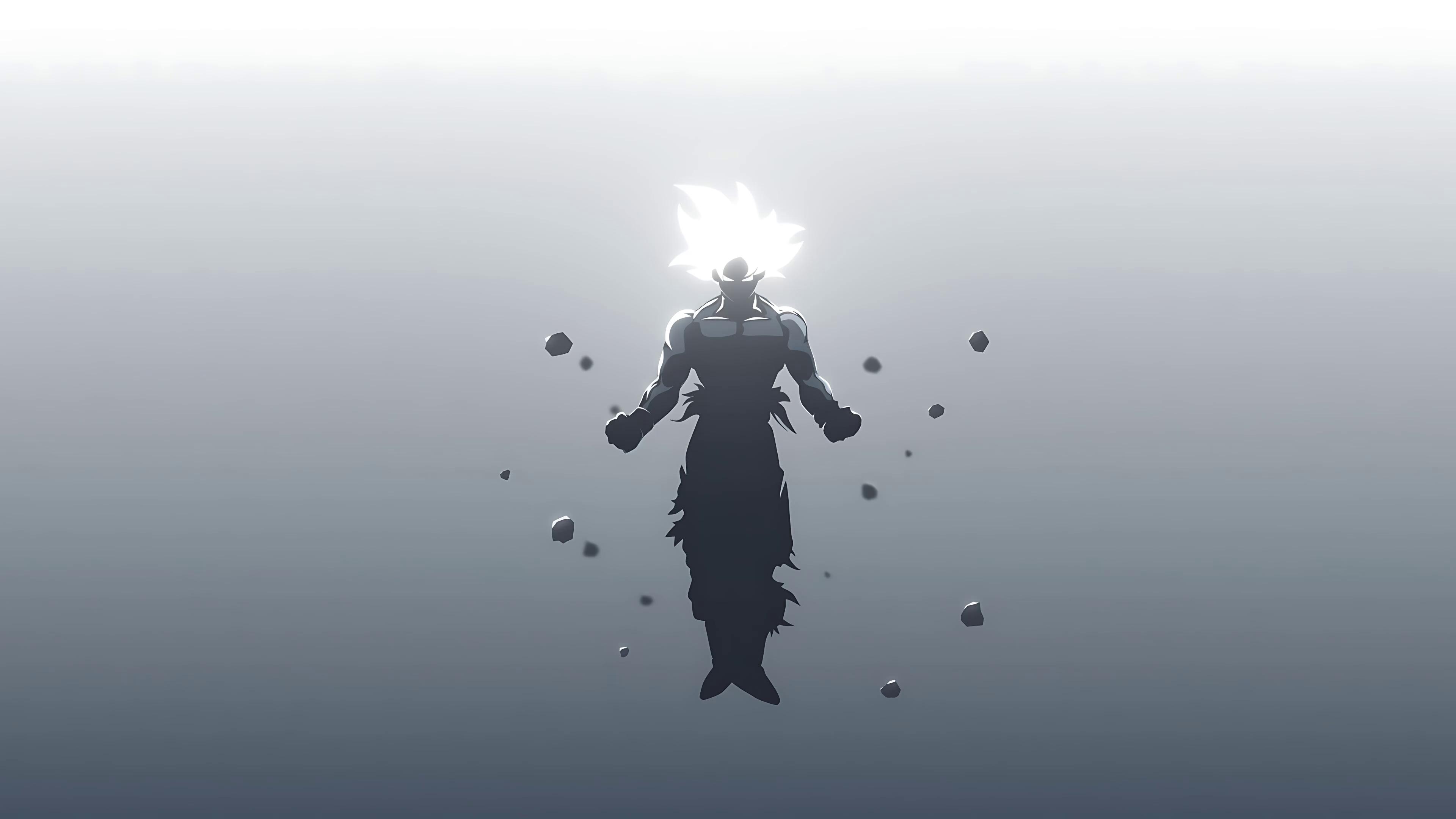 Silhouette of Goku with glowing white hair, floating amidst dark particles, suitable for a live wallpaper