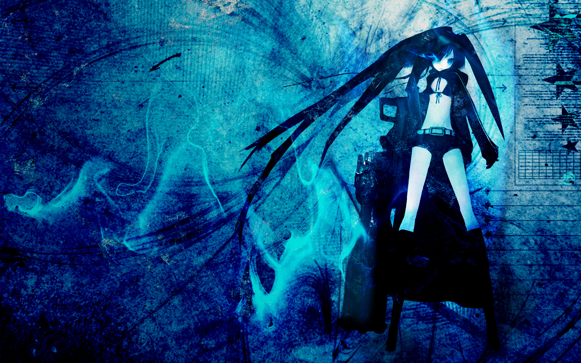 A cool anime girl with long black hair, wearing a black outfit, stands against a vibrant blue grunge background.  Light blue flames accentuate the scene, adding a dynamic and energetic touch