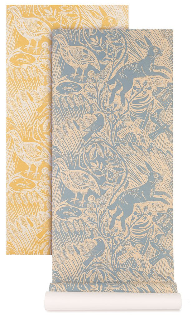 Mark Hearld Harvest Hare Wallpaper Blue Slate And Corn