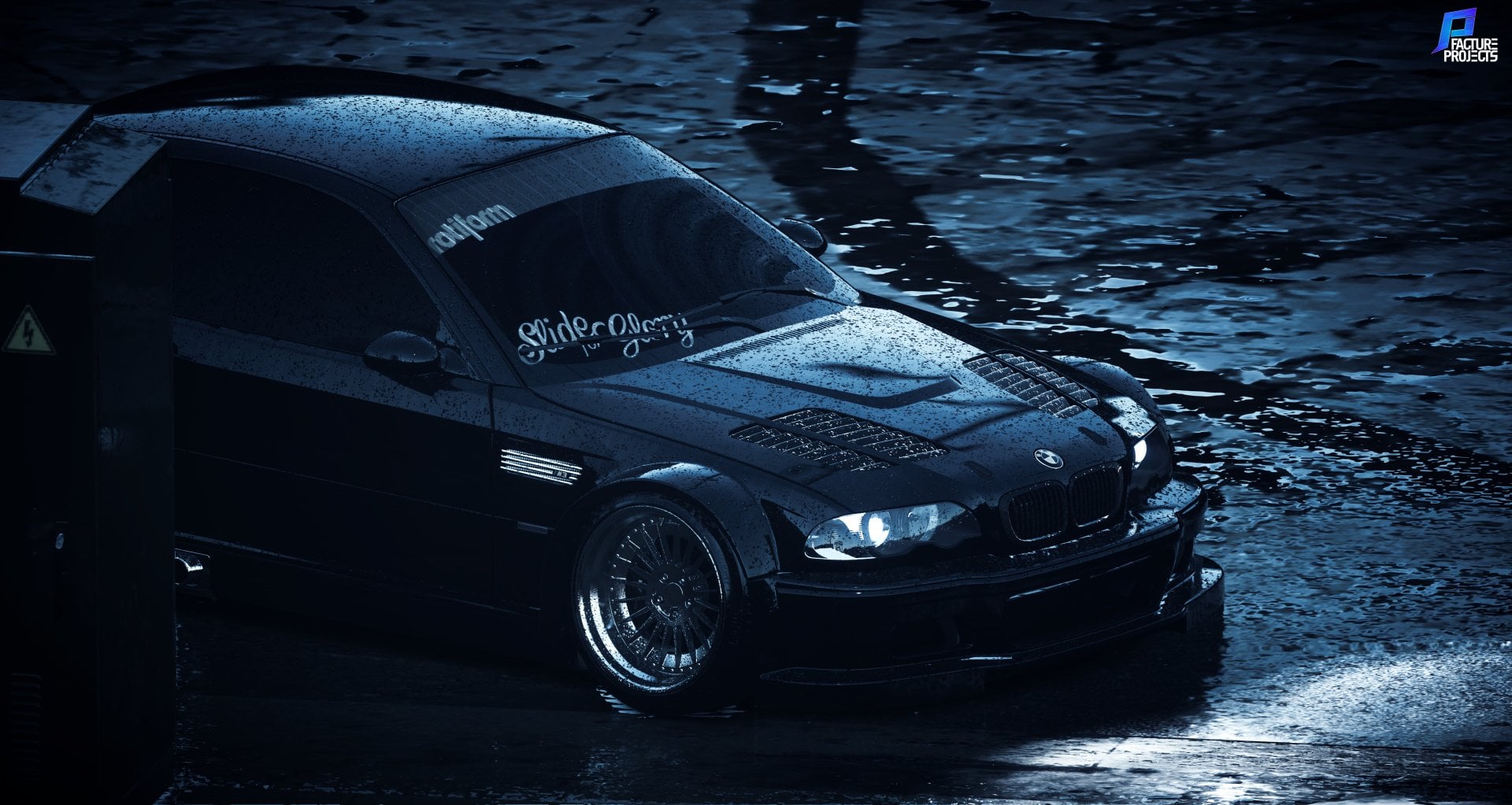 Black BMW E46 parked on wet pavement at night