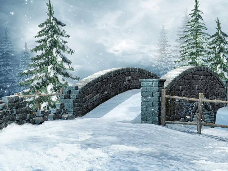 Seasons Winter Bridge Fir Snow Nature 3d Graphics Wallpaper Background