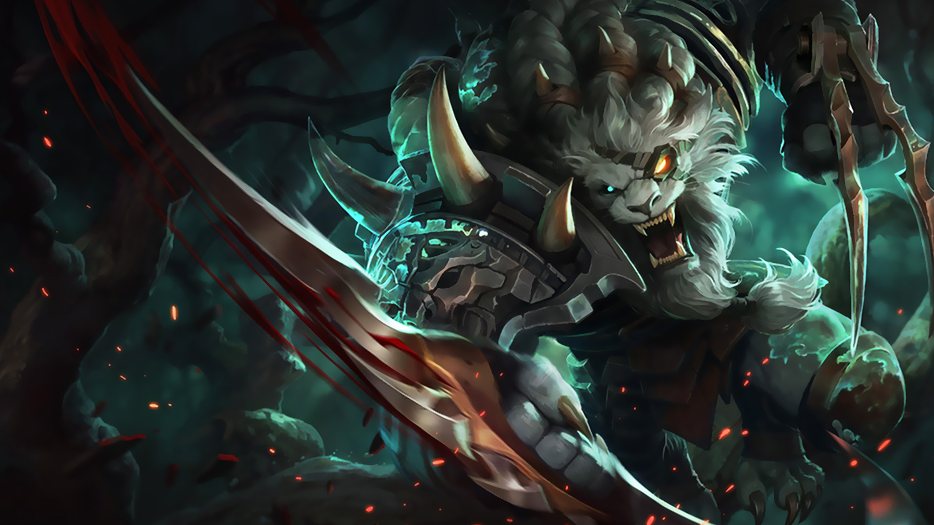 A fierce, white-furred creature from League of Legends, wielding a large, blood-stained blade. It appears ready to strike, adding to its intense and powerful presence
