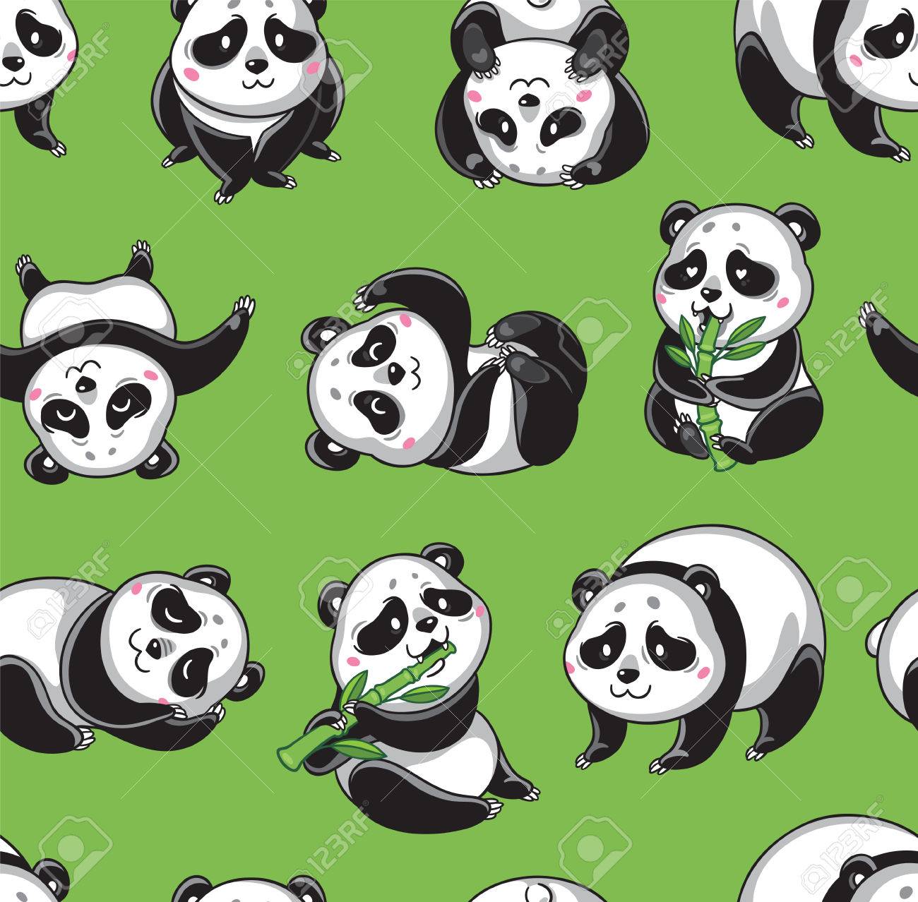 Seamless Cartoon Wallpaper With Cute Pandas Isolated On Green