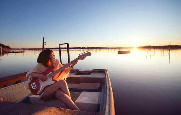 Wallpaper Girl Guitar Music Lake Boat