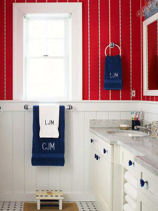 With Color Red White And Blue Wallpaper Over Beadboard