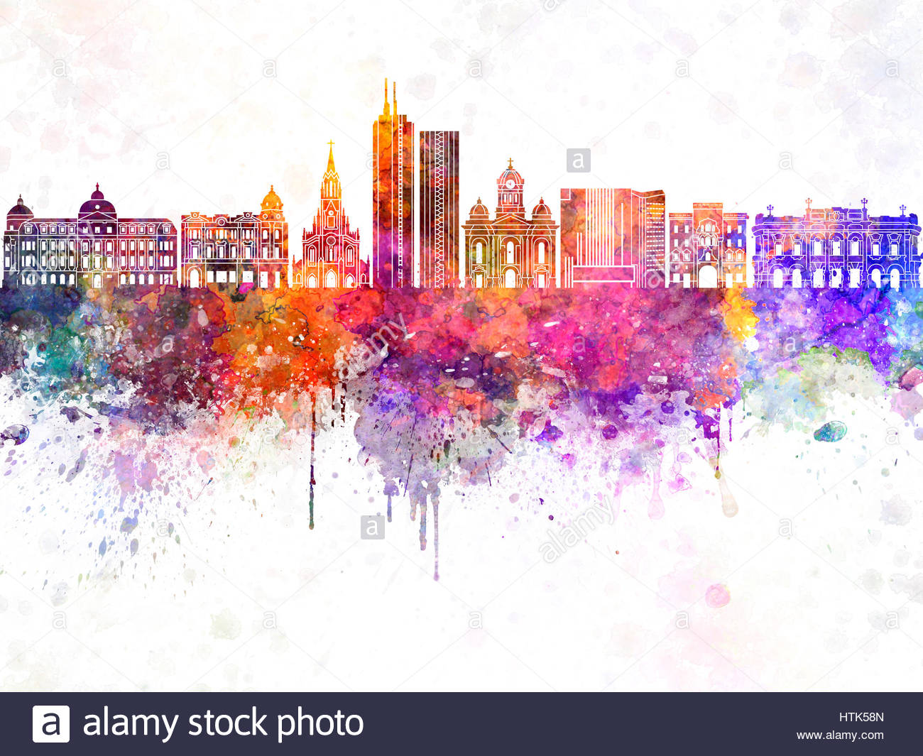 Santiago De Cali Skyline In Watercolor Background Stock Photo