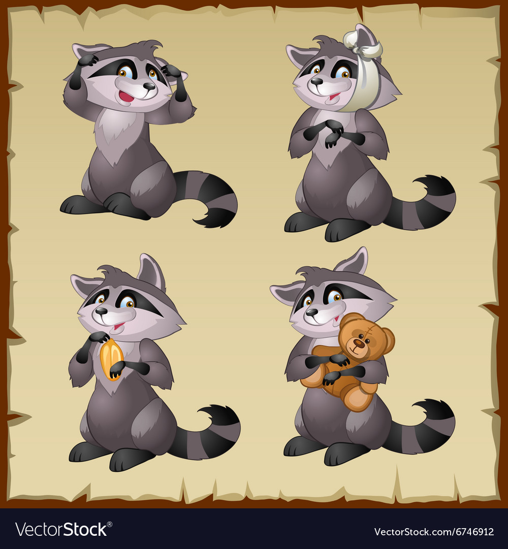 Four Cute Raccoons On A Parchment Background Vector Image