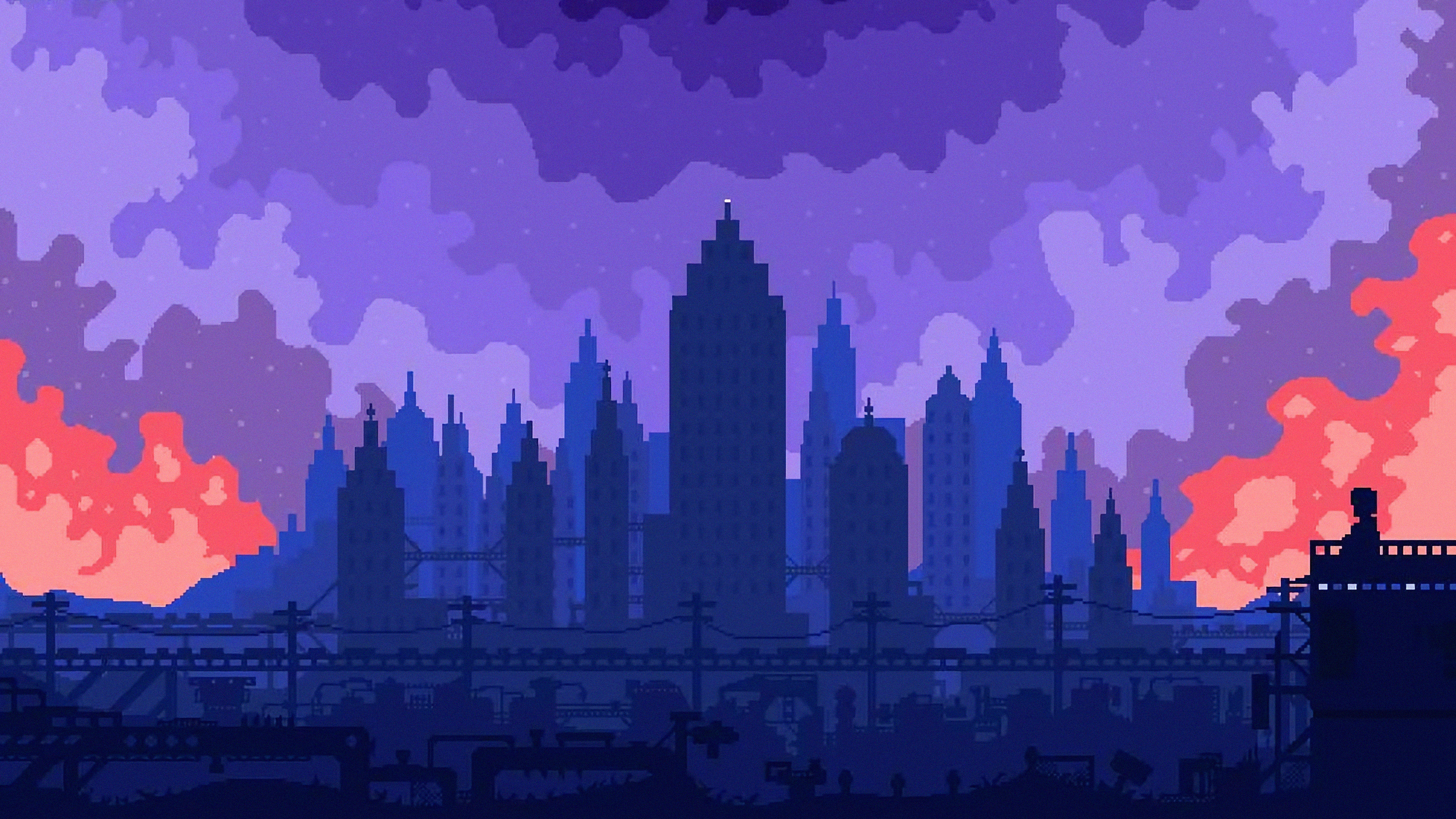 Pixel art cityscape at sunset with a purple and pink sky