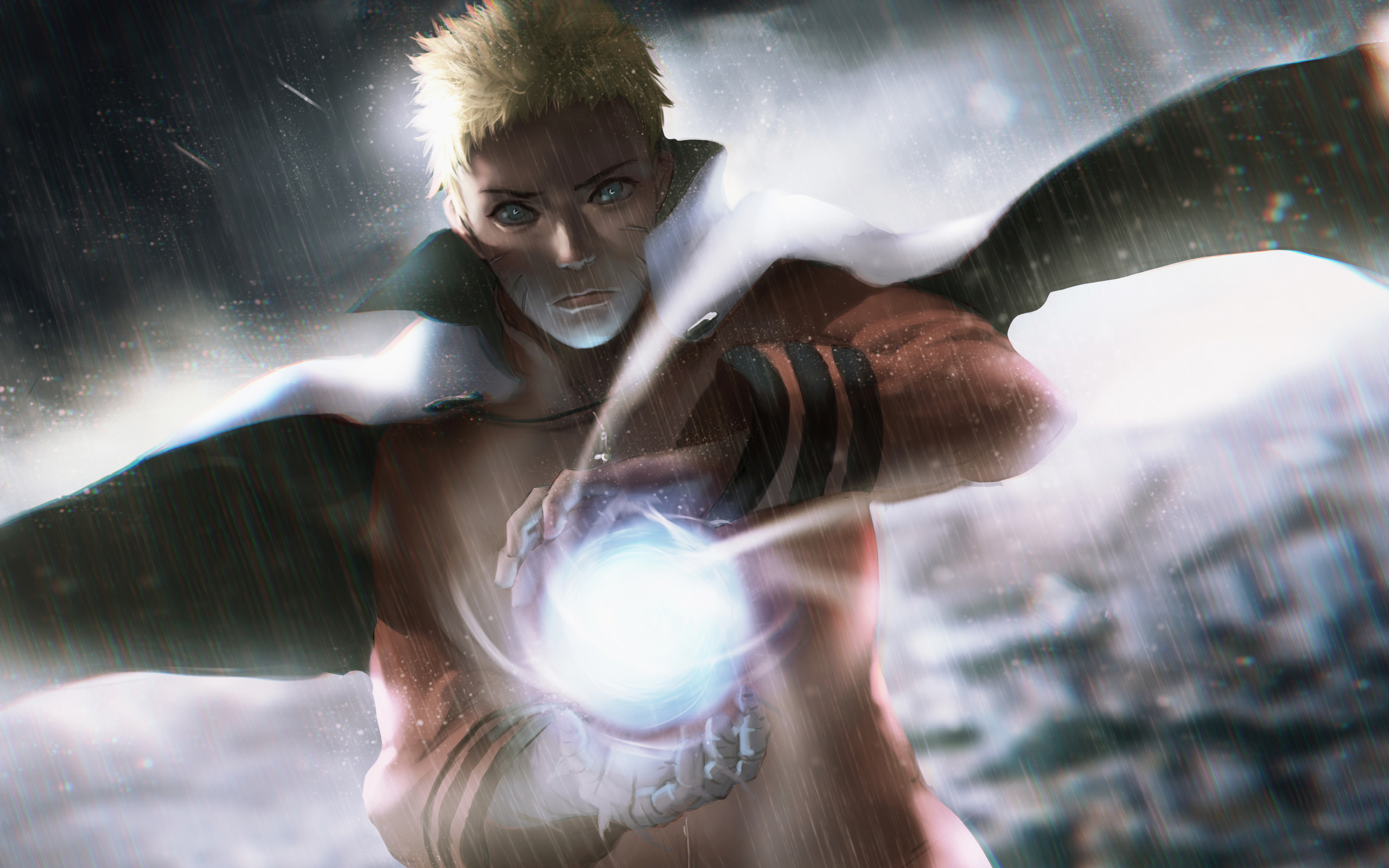 Naruto Uzumaki charging a Rasengan in the rain, 4k anime wallpaper