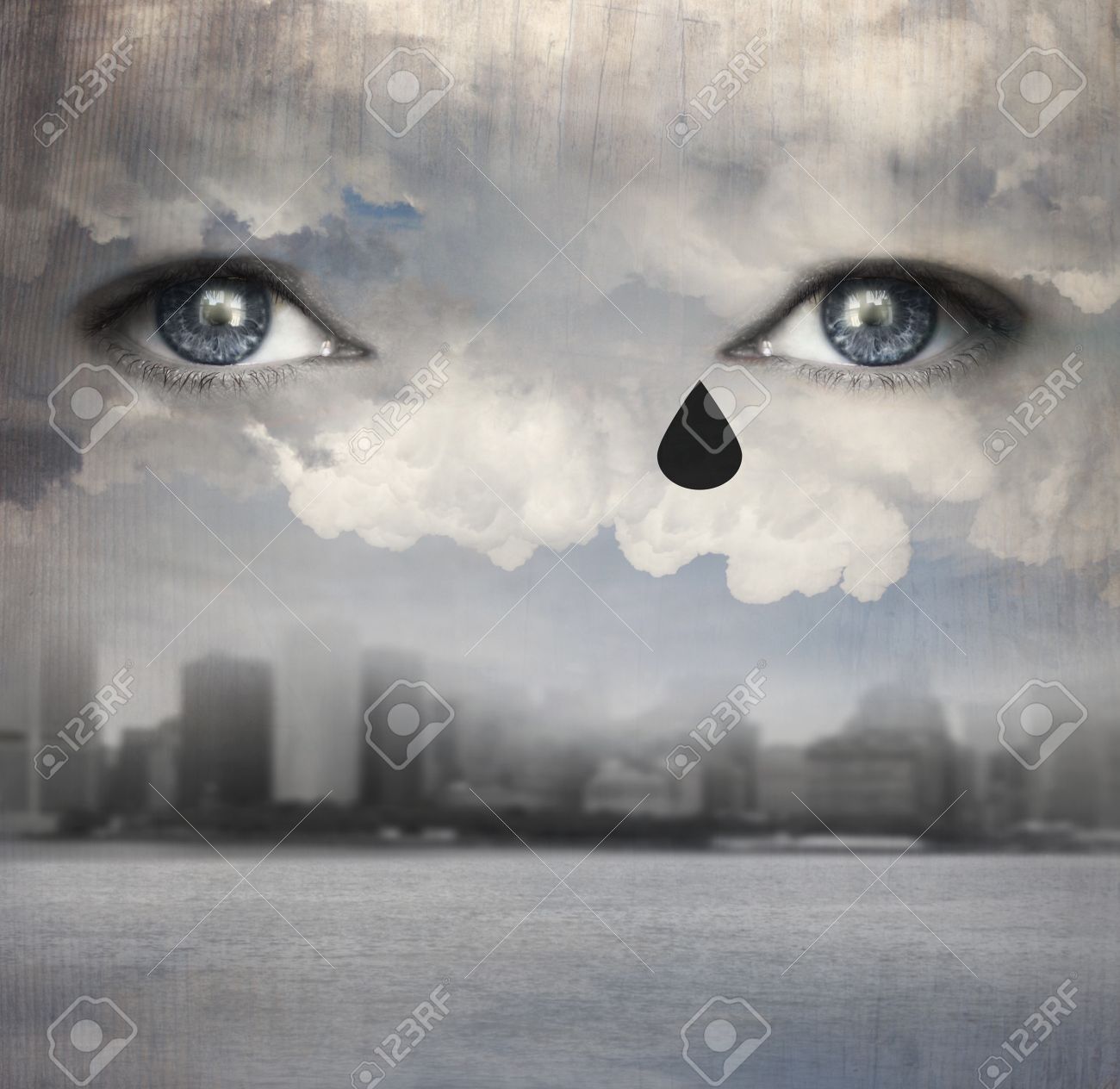 Surreal Background Representing Two Human Eyes Crying Up From