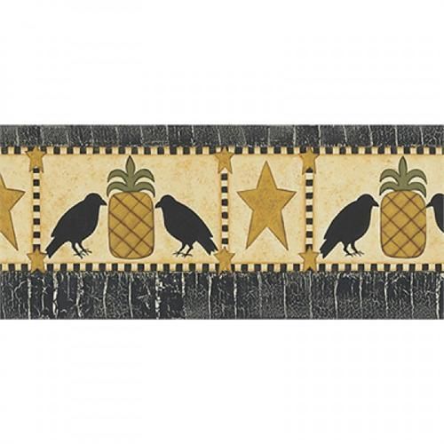 Country Crow Pineapple Green Black Gold Wallpaper Border 418b80973